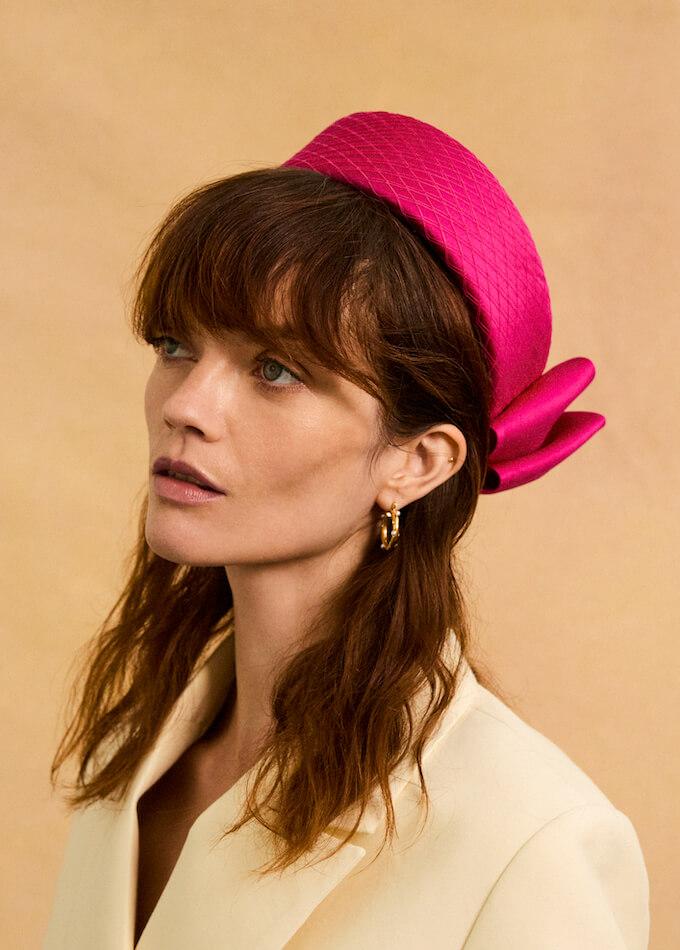 Luxury pink silk pillbox hat with a bow