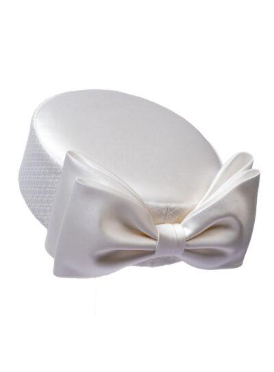 Luxury white silk pillbox hat with a bow