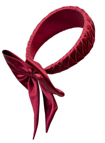 luxury burgundy pleated headpiece with a bow