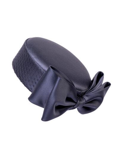 Luxury navy silk pillbox hat with a bow