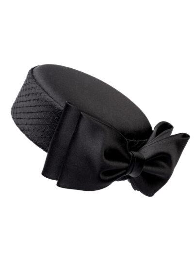 Luxury black silk pillbox hat with a bow