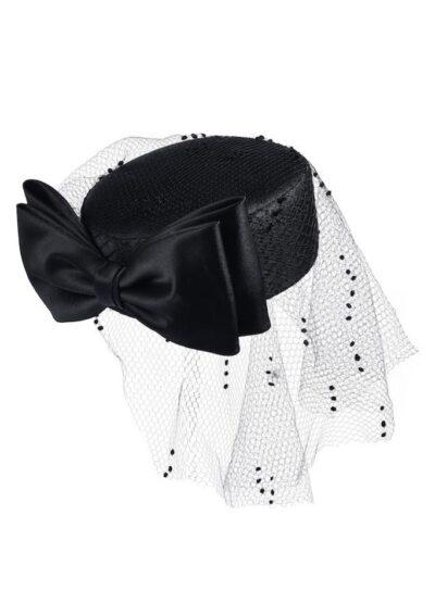 black pillbox hat with a bow and a veil