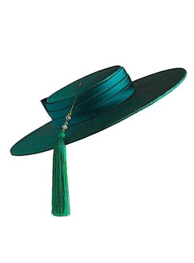 Green straw wide-brimmed boater style hat with silk band and tasselled hat pin