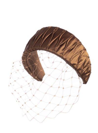 Bronze smocked silk hatband with removable veil