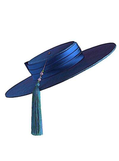 blue straw wide-brimmed boater style hat with silk band and tasselled hat pin