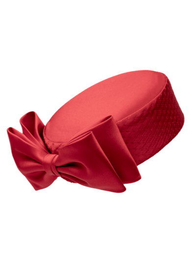 Luxury red silk pillbox hat with a bow